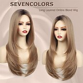 economico parrucca più vecchia-parrucche bionde lunghe per donne bianche parrucche bionde dritte a strati con radici scure parrucca di halloween cosplay quotidiana da 25 pollici di capelli sintetici