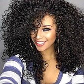 cheap Black &amp; African Wigs-Black 14 Inch Afro Curly Kinky Hair Wigs With Side Bangs For Women Synthetic Fiber Kinky Curly Wigs Natural Looking Hair Wigs
