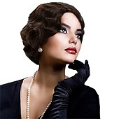 economico Parrucche storiche-Parrucca nera corta anni &#039;20 per donne parrucca a onde di dita Gatsby delle ruggenti anni &#039;20 parrucche vintage sintetiche per donne cosplay costume vestiti eleganti parrucca flapper anni &#039;20