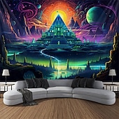 preiswerte Blacklight -Wandteppiche-Schwarzlicht-Wandteppich, UV-reaktiv, leuchtet im Dunkeln, Glow Party, Neon, trippige, neblige Pyramide, Ägypten, Wandteppich, Wandbild für Wohnzimmer, Schlafzimmer