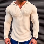 preiswerte T-Shirt mit Waffelstrick-Herren T Shirt Waffel-Henley-Hemd T-Shirt Langarmshirt Langarm Mit Kapuze Frühling &amp; Herbst Farbblock Mode Designer Basic Patchwork Urlaub Straße Ausgehen Weiß Khaki Armeegrün Top T-Shirt für Herren