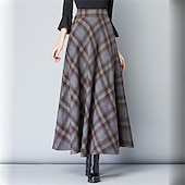 voordelige Rokken-Dames A-lijn Geruite rok Elegant Retro vintage Maxi Hoge taille Rokken Kleurenblok Geruit geruit Zak Lang Dagelijks Afspraakje blauw Grijs Lente &amp; Herfst Polyester Twilled satijn