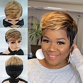 baratos Perucas de Qualidade Superior-peruca bob mel dourada e preta com corte pixie - cabelo sintético curto e liso para mulheres