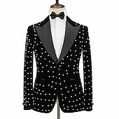 tanie Męskie klasyczne marynarki-Męskie Kurtka Marynarka Impreza / Wieczór Bar Zatrzymujący ciepło Kieszeń Wiosna Jesień Kropki Moda miejska Elegancki Wieczorne Regularny Regularny Czarny Kurtki