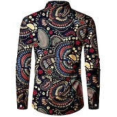 preiswerte Ethnisches Muster-Herren Hemd Knopfhemd Langarm Brautkleider schlicht Boho Freizeitskleidung Ausgehen Herbst Winter Umlegekragen Bedruckt Button-Down Schwarz Dunkelmarine Beige
