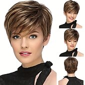 abordables perruque plus âgée-Perruques courtes coupe lutin pour femmes, coupes de cheveux courtes, perruque synthétique à reflets mixtes avec frange