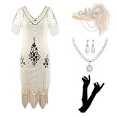 cheap Outfits-Retro Vintage Roaring 20s 1920s Flapper Dress Outfits Accessories Set The Great Gatsby Wedding Guest Sequins Tassel Fringe Sequin Tassel V Neck Women&#039;s Halloween Carnival Masquerade Carnival Party