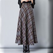 voordelige Rokken-Dames A-lijn Geruite rok Elegant Retro vintage Maxi Hoge taille Rokken Kleurenblok Geruit geruit Zak Lang Dagelijks Afspraakje blauw Grijs Lente &amp; Herfst Polyester Twilled satijn