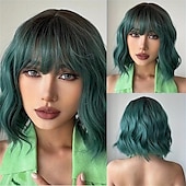 economico Parrucche trendy sintetiche-parrucche di capelli ricci ondulati corti blu con frangia parrucche di capelli in fibra sintetica da 14 pollici per le donne parrucche di capelli eleganti per la festa quotidiana cosplay uso di