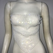 cheap Sexy Costumes-Metallic Sparkle Sexy Crop Tank Top Sheer Mesh Rhinestone Cover Up Disco Solid Color Deep V Women&#039;s Carnival Party Club Adults&#039; Tank Top