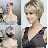 cheap Older Wigs-Curly Ombre Blonde Pixie Cut Wigs for White Women,Layered Wig Brown to Blonde Gradient Short Pixie Bob Cut Wig with Bangs Short Cute Wig for Women Highlight Wig(Ombre Brown to Blonde)