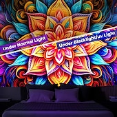 abordables Tapices de luz negra-Tapiz de meditación bohemia con luz negra, reactivo a los rayos UV, que brilla en la oscuridad, tapiz colgante psicodélico, arte mural para pared para sala de estar y dormitorio