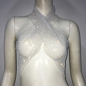 cheap Sexy Costumes-Metallic Sparkle Sexy Crop Tank Top Sheer Mesh Rhinestone Cover Up Disco Solid Color Deep V Women&#039;s Carnival Party Club Adults&#039; Tank Top