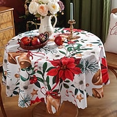 baratos Decoração de Natal-Toalha de mesa redonda à prova d&#039;água e resistente a óleo, cobertura de mesa com decoração de inverno para jantar patry
