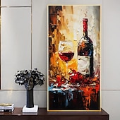 cheap Still Life Paintings-Bottle of Wine Painting Handpainted Glass of Wine Original Art Red Wine Home Room Wall Decor Kitchen Art  Modern Rolled Canvas No Frame