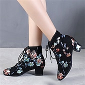 abordables Chaussures de danses latines-chaussures de danse à lacets à fleurs noires pour femmes – talon bas confortable, parfait pour la danse latine, de salon et sociale