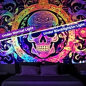 cheap Halloween Wall Tapestries-Halloween Blacklight Tapestry UV Reactive Glow in the Dark Glow Party Neon Skulls Totem Psychedelic Trippy Misty Hanging Tapestry Wall Art Mural for Living Room Bedroom