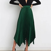 preiswerte Schlichte Röcke-Damen Rock Schaukel Langer Rock Elegant Modisch Maxi Hoher Taillenbund Röcke Einfarbig Gefaltet Asymmetrischer Saum Party Strasse Schwarz Weiß Wein Dunkelgrün Frühling Sommer Satin