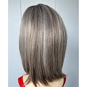 economico parrucca più vecchia-Parrucche corte grigie sfumate per donna Parrucca caschetto grigia lunga fino al mento a strati Parrucca di capelli lisci di media lunghezza Parrucca sintetica dall&#039;aspetto naturale