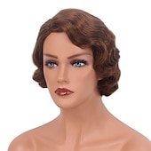 levne Historické paruky-Krátké popelavě hnědé paruky pro ženy přírodní prstová vlna syntetická paruka pro ženy dámy cosplay anime party kostýmy anime flapper paruka halloweenské paruky