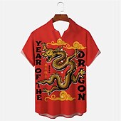 cheap Animal Print-New Year Men&#039;s Dragon Shirt Button Up Shirt Short Sleeve Casual Daily Wear Going out Weekend Autumn / Fall Turndown Print Button-Down Yellow Red Burgundy