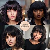 abordables perruque plus âgée-Perruque courte noire avec frange, cheveux naturels synthétiques pour femmes, longueur d&#039;épaule ondulée, vague d&#039;eau (12 pouces)