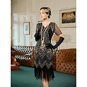 cheap Outfits-Retro Vintage Roaring 20s 1920s Flapper Dress Outfits Accessories Set The Great Gatsby Wedding Guest Sequins Tassel Fringe Sequin Tassel V Neck Women&#039;s Halloween Carnival Masquerade Carnival Party
