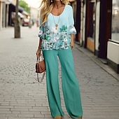 billiga Tvådelade set-Kvinnors 2 Delar Mode Skjorta Byxor Set Vida Byxor Lång Ärmar Rund Hals Blommigt Tryck Casual Daglig Rosa Blå Grön Vår  Höst Reglerad Passform