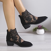 levne Kotníkové boty-dámské černé krajkové kotníkové boty s květinovým síťovaným designem a nízkým blokovým podpatkem - elegantní obuv pro běžné i společenské příležitosti