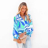 cheap Women&#039;s Graphic Tops-Women&#039;s Shirt Blouse Fashion Buttons Print Long Sleeve Regular Tops Shirt Collar Casual Blue Purple Green Gray Spring &amp;  Fall
