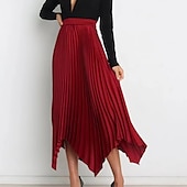 preiswerte Schlichte Röcke-Damen Rock Schaukel Langer Rock Elegant Modisch Maxi Hoher Taillenbund Röcke Einfarbig Gefaltet Asymmetrischer Saum Party Strasse Schwarz Weiß Wein Dunkelgrün Frühling Sommer Satin