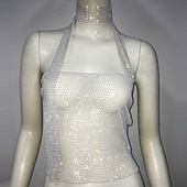 cheap Sexy Costumes-Metallic Sparkle Sexy Crop Tank Top Sheer Mesh Rhinestone Cover Up Disco Solid Color Deep V Women&#039;s Carnival Party Club Adults&#039; Tank Top