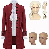 baratos Conjuntos-conjunto com camisa com babados jacquard trench coat peruca colonial 2 * bonés de peruca roupas vitorianas medievais masculinas retrô vintage princesa vampiro fantasia cosplay halloween baile de