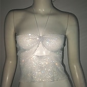 cheap Sexy Costumes-Metallic Sparkle Sexy Crop Tank Top Sheer Mesh Rhinestone Cover Up Disco Solid Color Deep V Women&#039;s Carnival Party Club Adults&#039; Tank Top