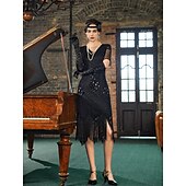 cheap Outfits-Retro Vintage Roaring 20s 1920s Flapper Dress Outfits Accessories Set The Great Gatsby Wedding Guest Sequins Tassel Fringe Sequin Tassel V Neck Women&#039;s Halloween Carnival Masquerade Carnival Party
