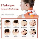 abordables Masajeador de cuerpo entero-Masajeador de cuello multifuncional con compresión caliente, amasador de pulso, tens ems inalámbrico inteligente en forma de U, masajeador cervical calentado por pulso, dolor de tejido profundo,