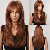 economico Parrucche trendy sintetiche-evidenzia parrucca bionda marrone con frangia parrucche diritte naturali di media lunghezza per donne parrucche sintetiche in fibra resistente al calore per cosplay quotidiano