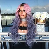 economico Parrucche trendy sintetiche-parrucca sintetica lunga e diritta - parrucca di capelli ricci viola ondulati verdi con capelli ricci rosso vino e rosa-viola - parrucchino elegante e versatile per le donne