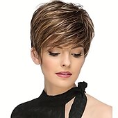 abordables perruque plus âgée-Perruques courtes coupe lutin pour femmes, coupes de cheveux courtes, perruque synthétique à reflets mixtes avec frange