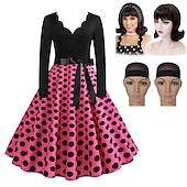 cheap Outfits-Set with Polka Dots Vintage Dress Beehive Curl Hair Wig 2* Wig Caps 4 PCS 1950s Retro Vintage Tea Dress A-Line Dress Rockabilly Flare Dress Women&#039;s Costume Christmas Homecoming