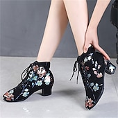 abordables Chaussures de danses latines-chaussures de danse à lacets à fleurs noires pour femmes – talon bas confortable, parfait pour la danse latine, de salon et sociale