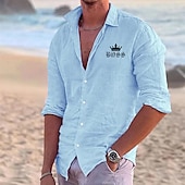 baratos Férias-Homens Camisa Social camisa de linho camisa de praia Tiaras e Coroas Ao ar livre Férias Preto Branco Rosa Azul Manga Longa Lapela Primavera &amp; Outono Roupa Imprimir