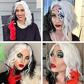 abordables Pelucas de personajes de películas-Set de peluca de villana de moda en blanco y negro con bob partido para cosplay de Halloween