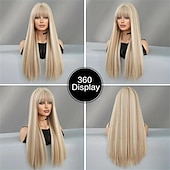 baratos Perucas Sintéticas sem Touca-Perucas sintéticas Liso Franja Lisa Peruca Longo A1 A2 A3 Cabelo Sintético Mulheres Design de moda Macio Natural Rosa Cinzento Escuro Loiro