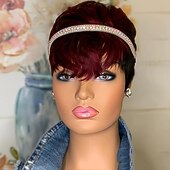 baratos Perucas de Qualidade Superior-elegante peruca bob reta avermelhada para mulheres - peruca sem cola com corte pixie para cabelos curtos