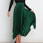 preiswerte Schlichte Röcke-Damen Rock Schaukel Langer Rock Elegant Modisch Maxi Hoher Taillenbund Röcke Einfarbig Gefaltet Asymmetrischer Saum Party Strasse Schwarz Weiß Wein Dunkelgrün Frühling Sommer Satin