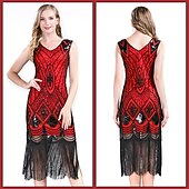 preiswerte 1920er Kleider-Goldene Zwanziger 1920er Knielang Flapper Kleid Outfits Zubehörset Ärmellos Der große Gatsby Hochzeitsgast Pailletten Quastenfransen Pailletten Quaste V Ausschnitt Kostüm Damen Karneval Maskerade