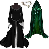baratos Conjuntos-conjuntos com vestido irlandês glamour noiva elfo coroa capa com capuz 3 peças feminino medieval steampunk renascentista retrô vintage roupas viking fantasias de cosplay larp