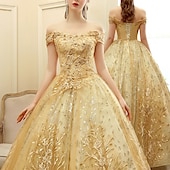 ieftine Rochii de Banchet-Rochii aurii A-Line Rochii cocktail Rochie elegantă Invitată la nuntă Lungime de ceai Fără mâneci Off shoulder Satinat cu pliuri Aplicații rochie să impresionezi