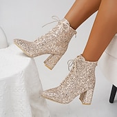 abordables Fiesta Nocturna-Mujer Botas Zapatos brillantes y brillantes Botas Metálicas Tallas Grandes Fiesta Exterior Trabajo Botines Botines Invierno Pedrería Tacón Cuadrado Dedo redondo Moda Sensual Cuero Sintético Cordones